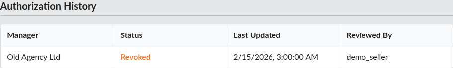 Screenshot: Authorization History table showing denied and revoked rows