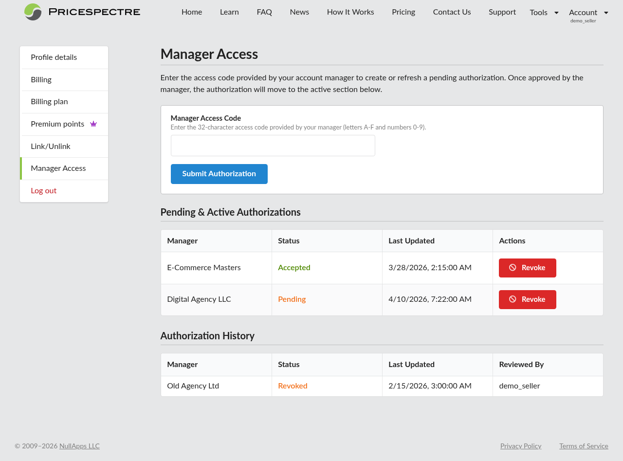 Screenshot: Manager Access form with the Manager Access Code field and Submit Authorization button