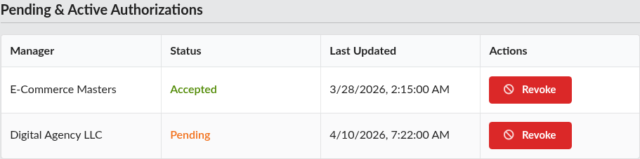 Screenshot: Pending and Active Authorizations table showing a pending row