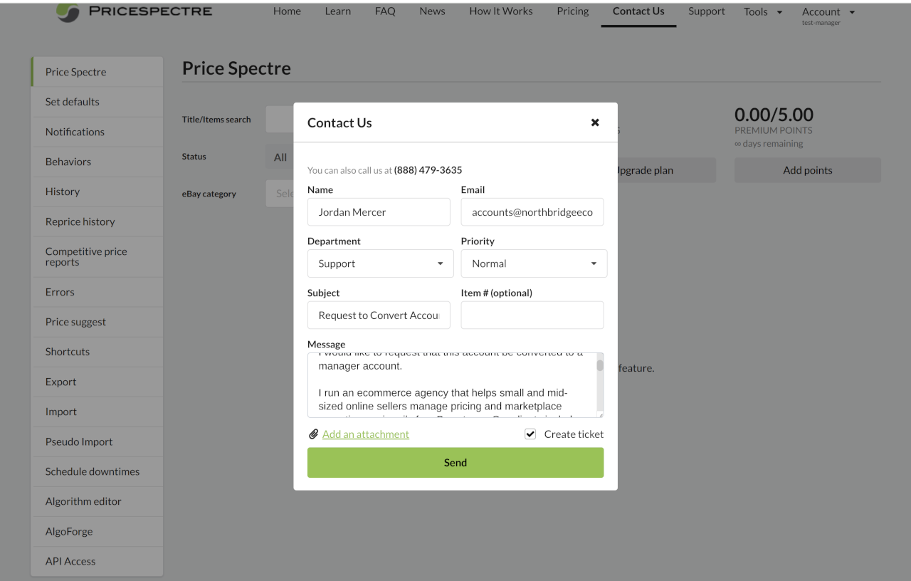 Screenshot: Contact Us form used to open a manager account support ticket