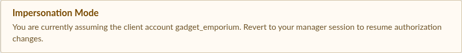Screenshot: Impersonation Mode warning banner on the Manager Dashboard