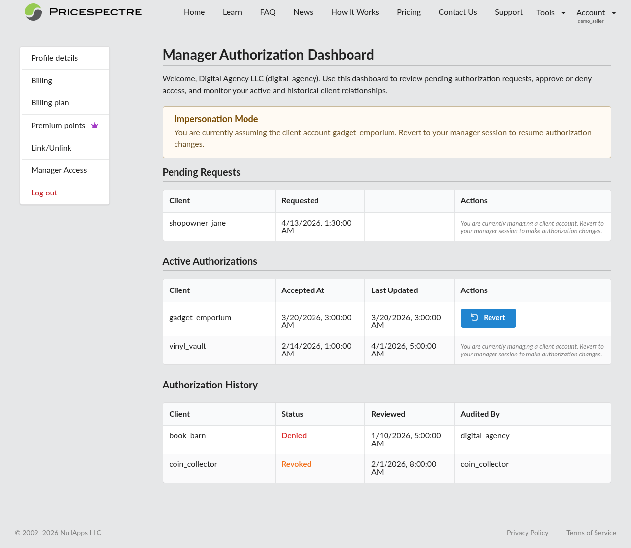 Screenshot: Manager Dashboard in its read-only state during impersonation with disabled action buttons