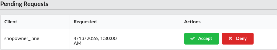 Screenshot: Pending Requests table with Accept and Deny buttons on each row
