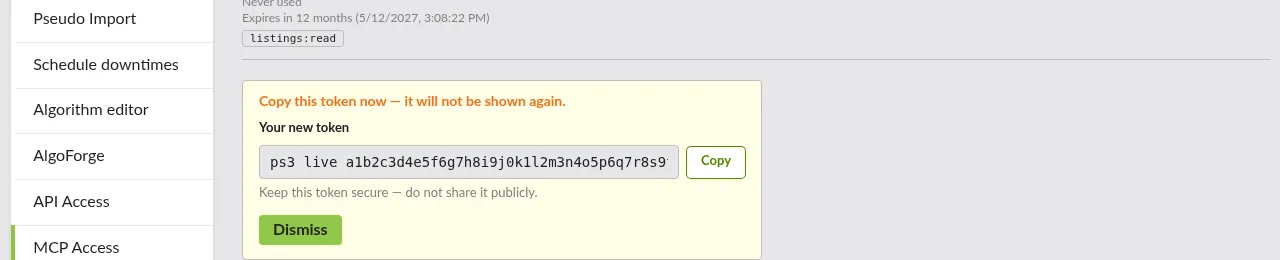Screenshot: The reveal panel that appears after generating a new MCP token, with the secret shown once and a "Copy" button next to it.