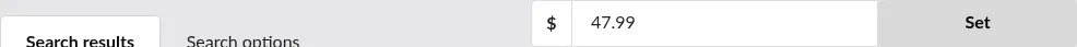 Screenshot: Custom-price input pre-filled with the live calculated value, with the Set button