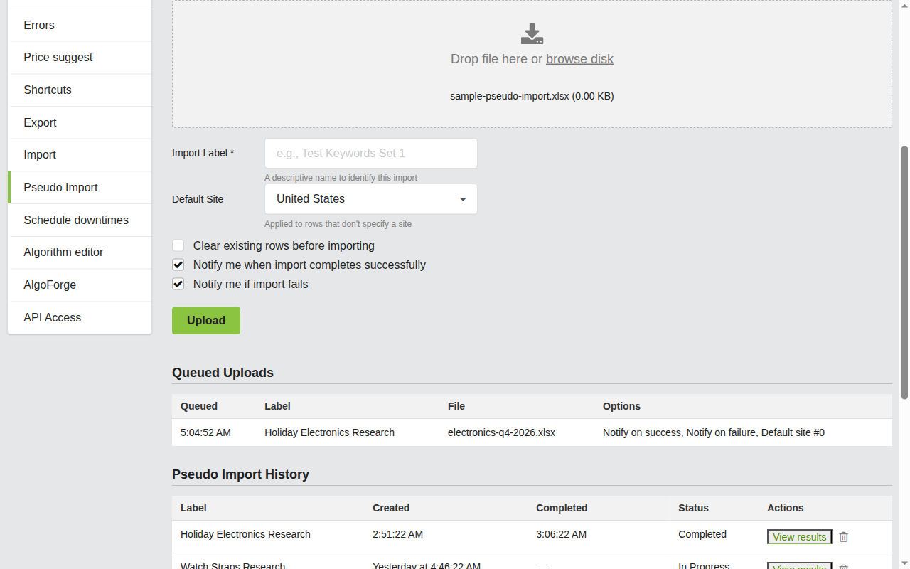Screenshot: File upload drag-and-drop area with a file selected