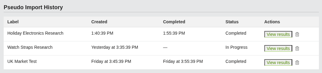 Screenshot: Import history table showing completed and in-progress imports
