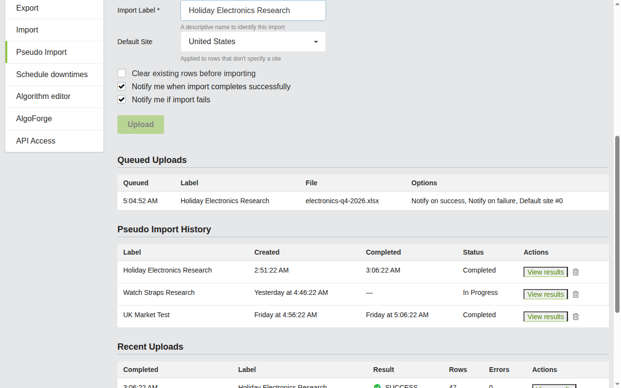 Screenshot: Import settings showing label field, site dropdown, and checkboxes