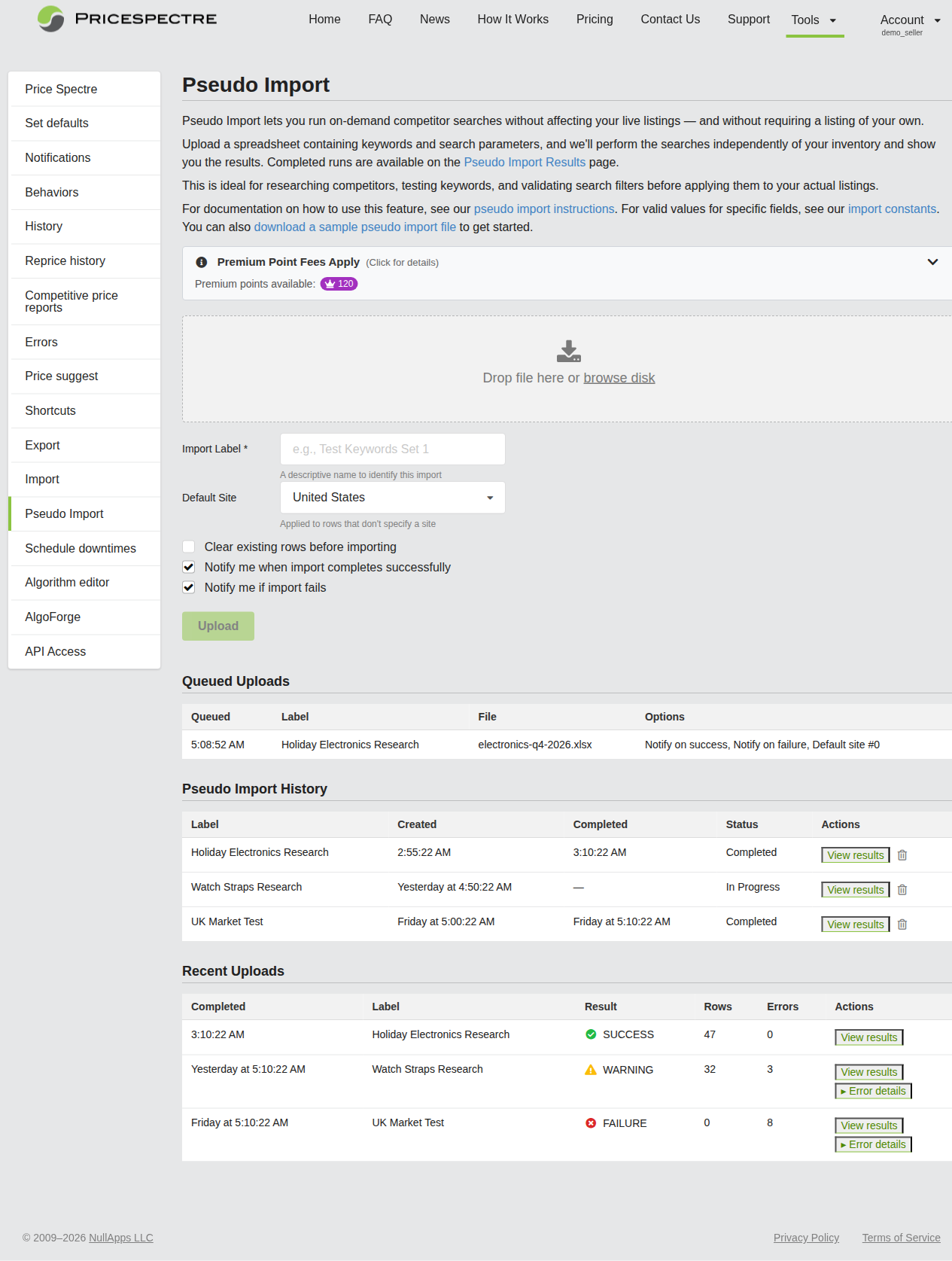 Screenshot: Pseudo Import page overview