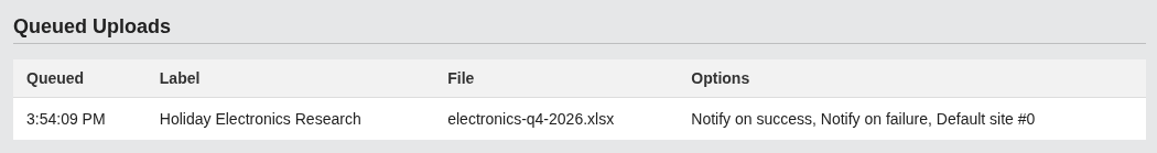 Screenshot: Queued uploads section showing a pending file