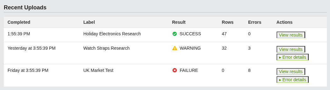 Screenshot: Recent uploads section with status indicators and error details link