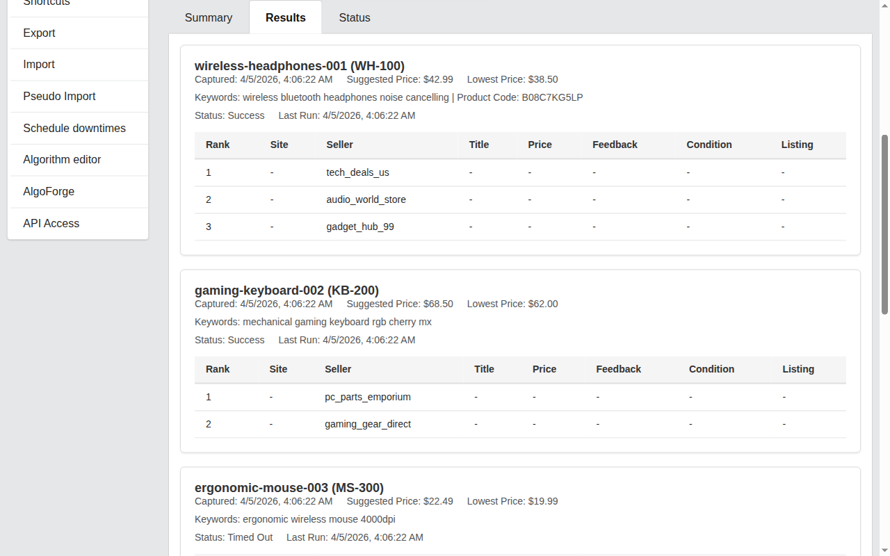 Screenshot: Results tab with detailed competitor listings