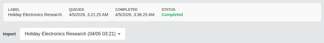 Screenshot: Import selector dropdown and summary bar