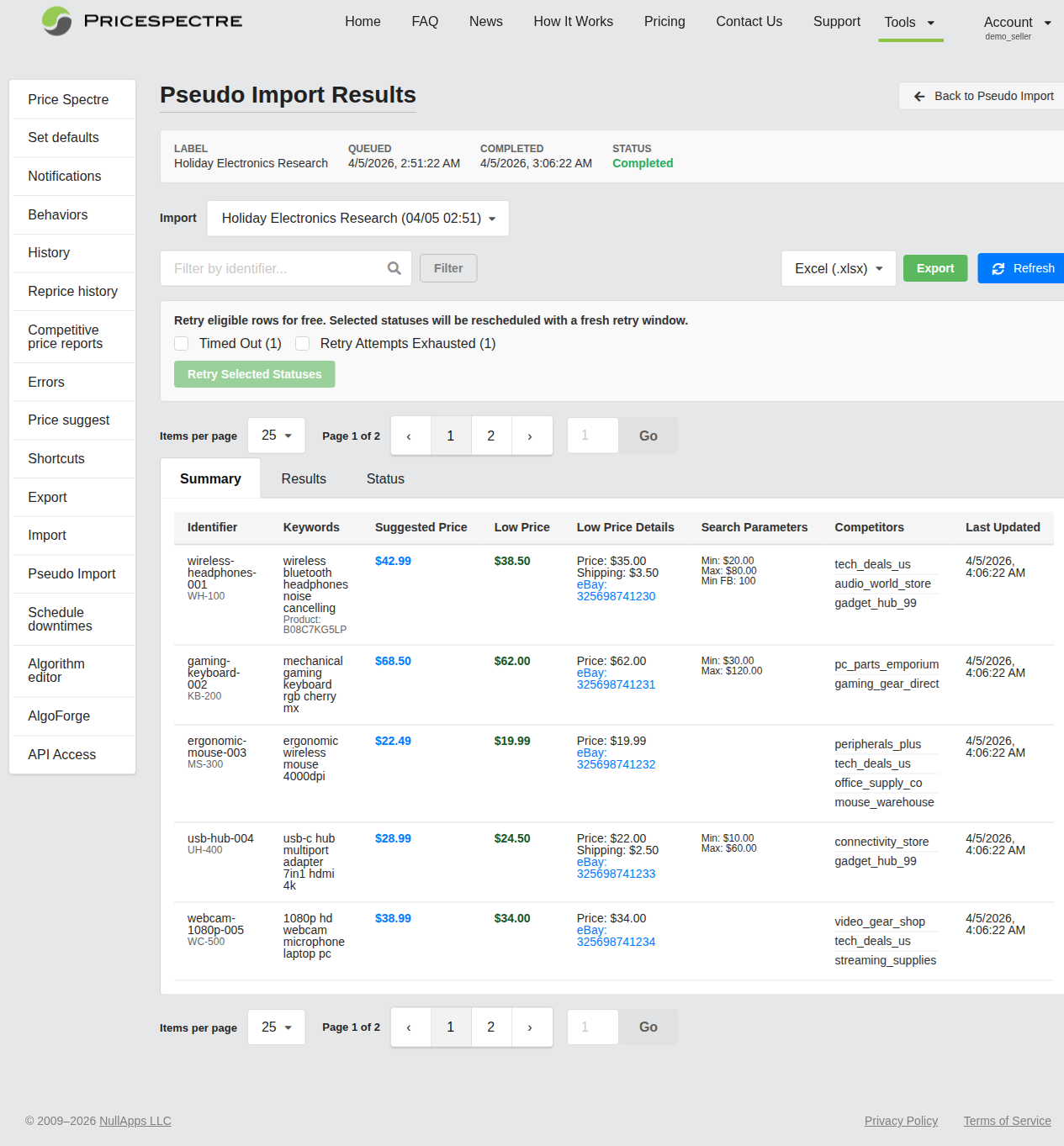 Screenshot: Pseudo Import Results page overview