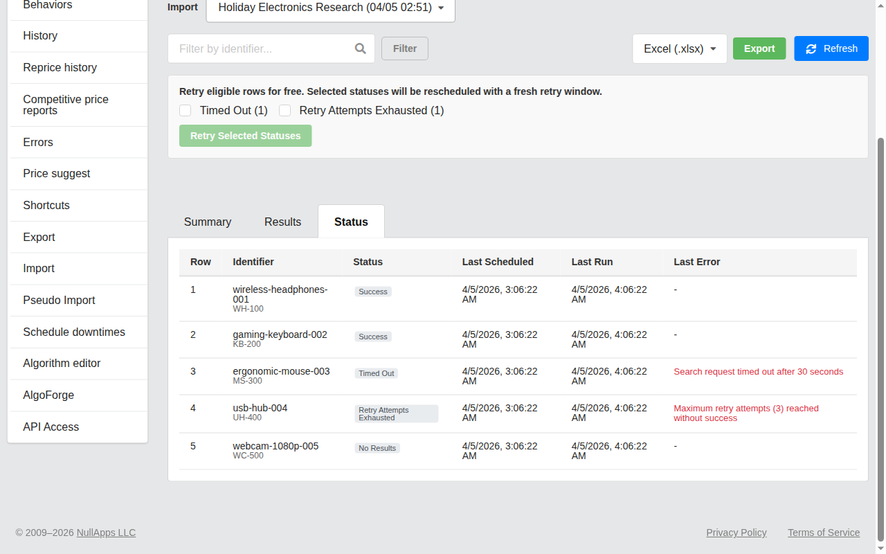 Screenshot: Status tab showing per-row processing outcomes