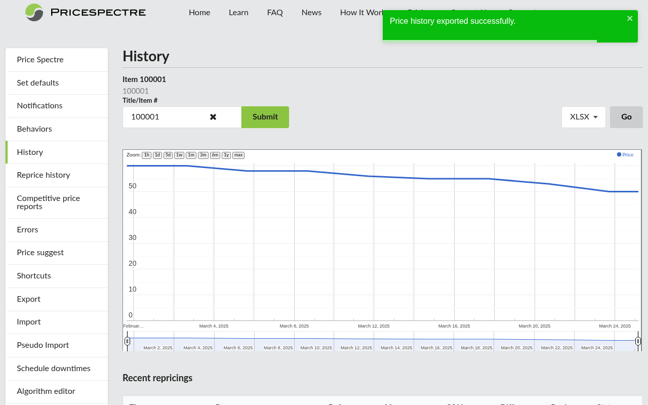 Screenshot: Export menu on the Price History page