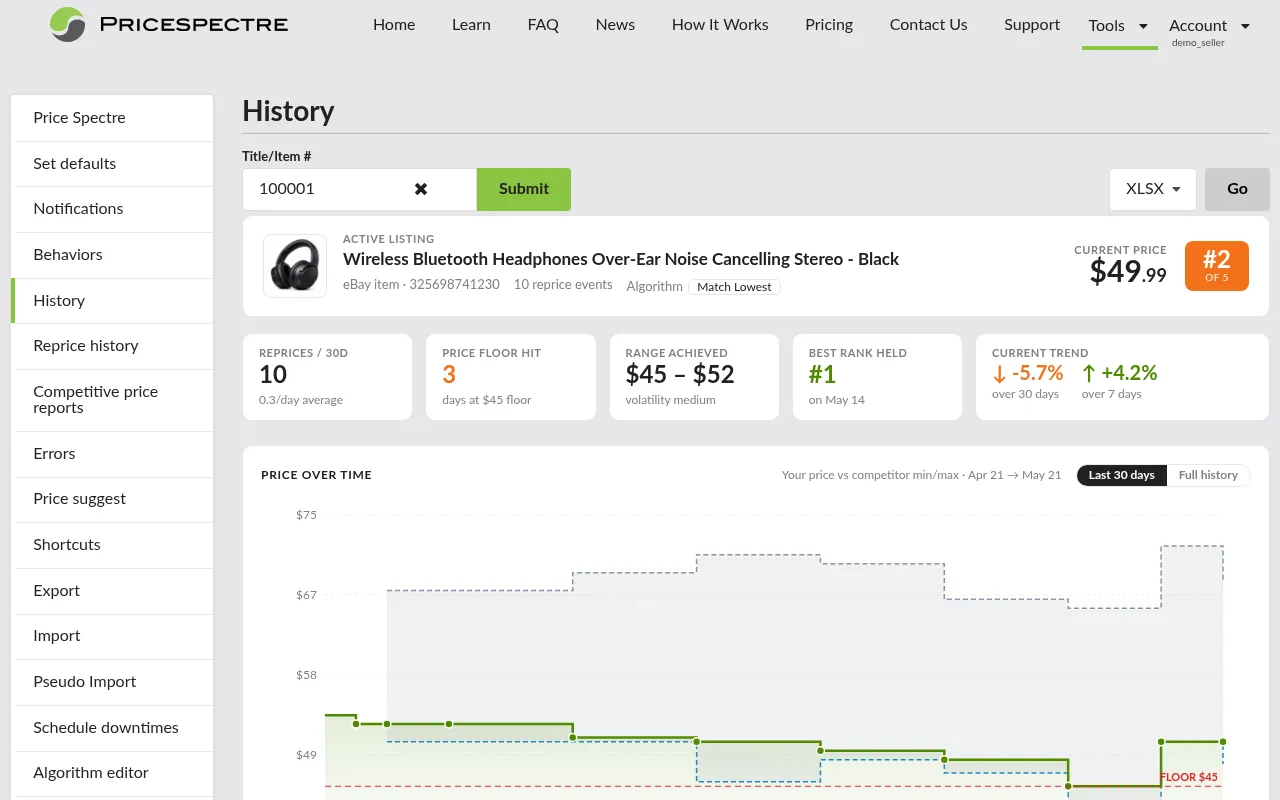 Screenshot: Export format selector and Go button on the Price History page