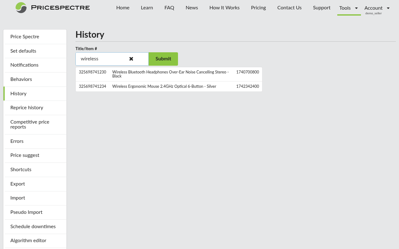 Screenshot: Price History search box with suggestions showing a match