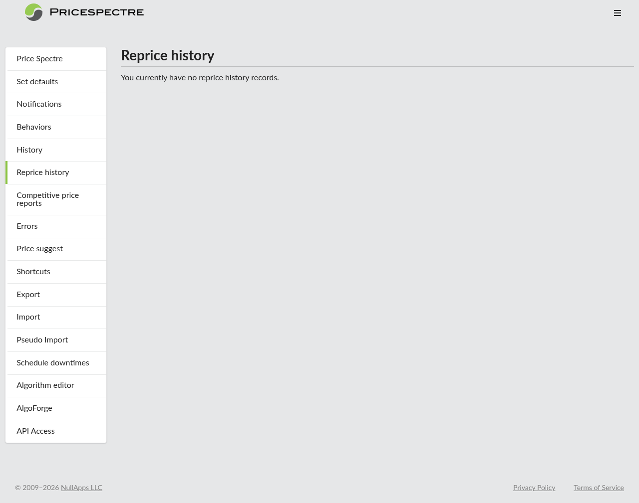 Screenshot: Reprice History page showing the empty state message