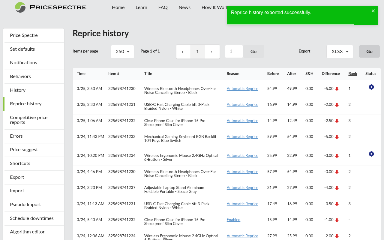 Screenshot: Export menu open with CSV and XLSX options on the Reprice History page