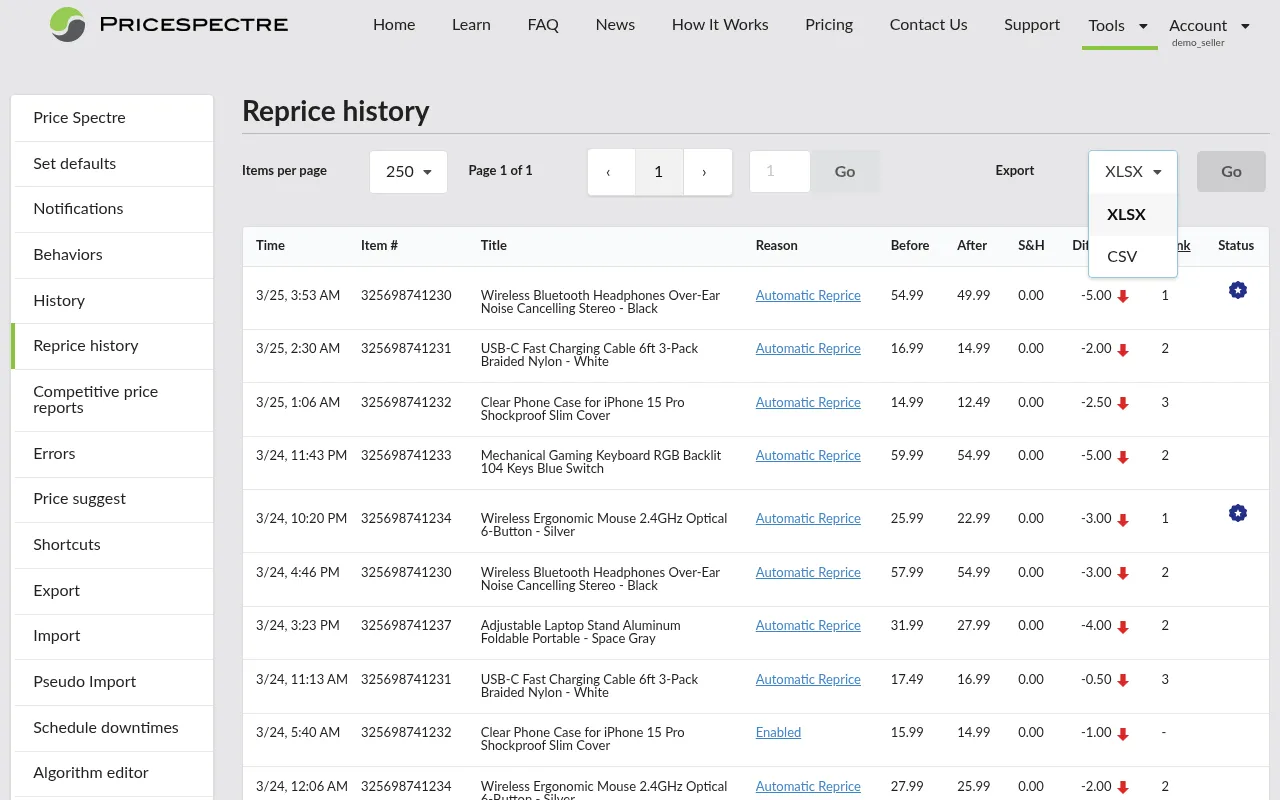 Screenshot: Export menu open with CSV and XLSX options on the Reprice History page