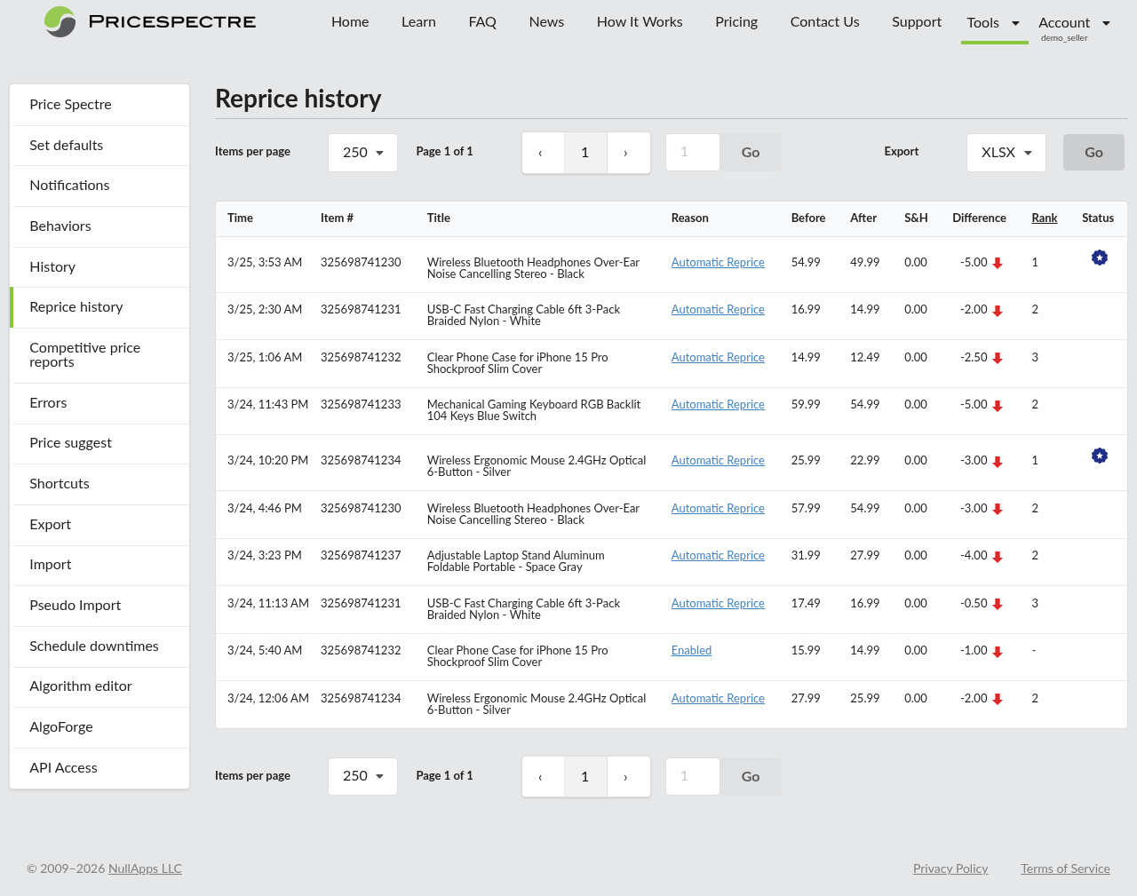 Screenshot: Reprice History page overview with the table and controls visible