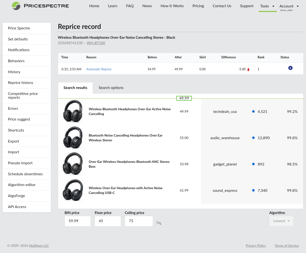Screenshot: Reprice Record page overview with header, one-row table, and competitor snapshot