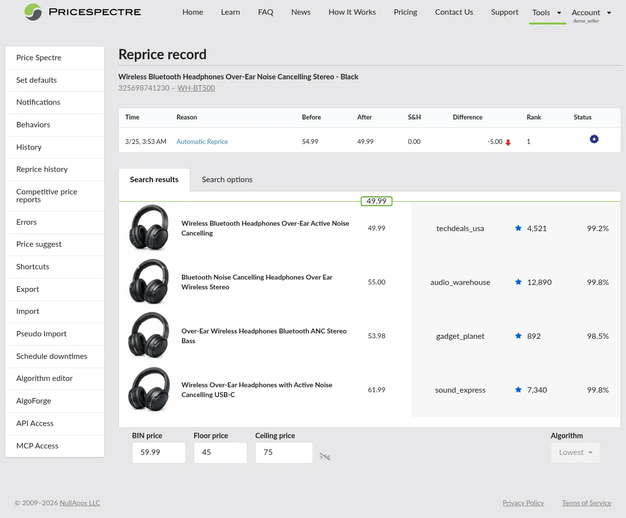 Screenshot: Reprice Record page overview with header, one-row table, and competitor snapshot
