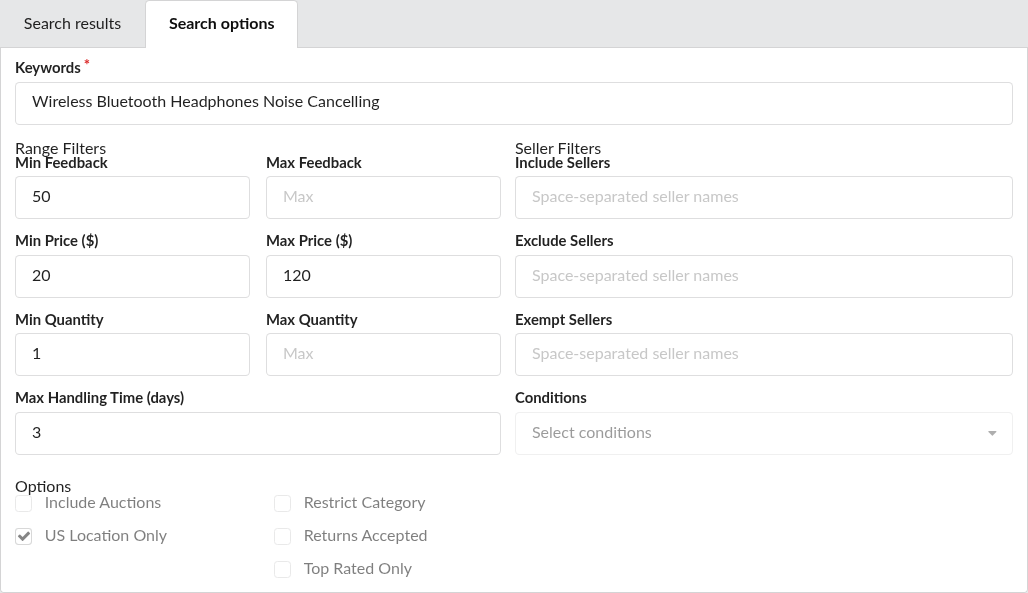 Screenshot: Search parameters and pricing controls on a Reprice Record, read-only
