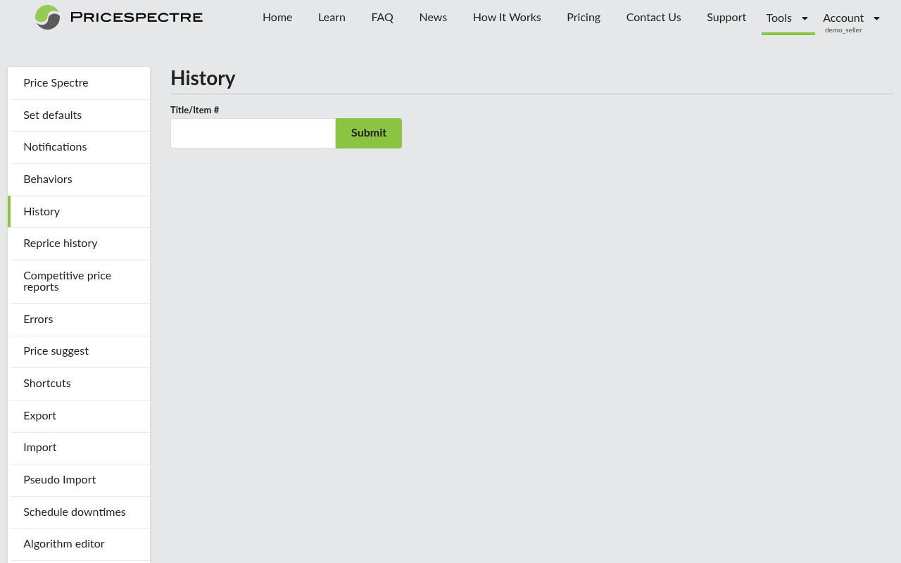 Screenshot: Side menu with History item highlighted