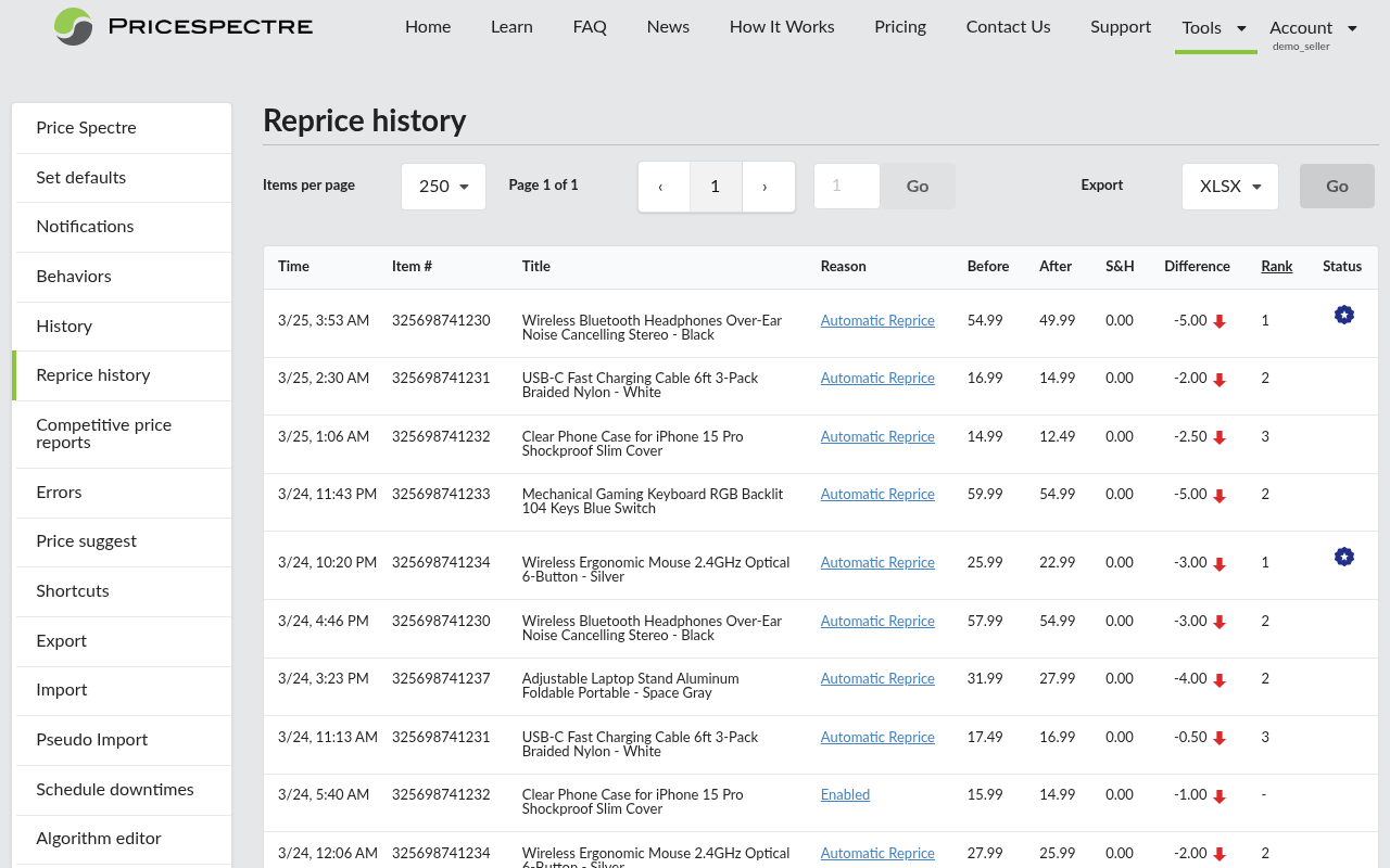 Screenshot: Side menu with the Reprice history item highlighted
