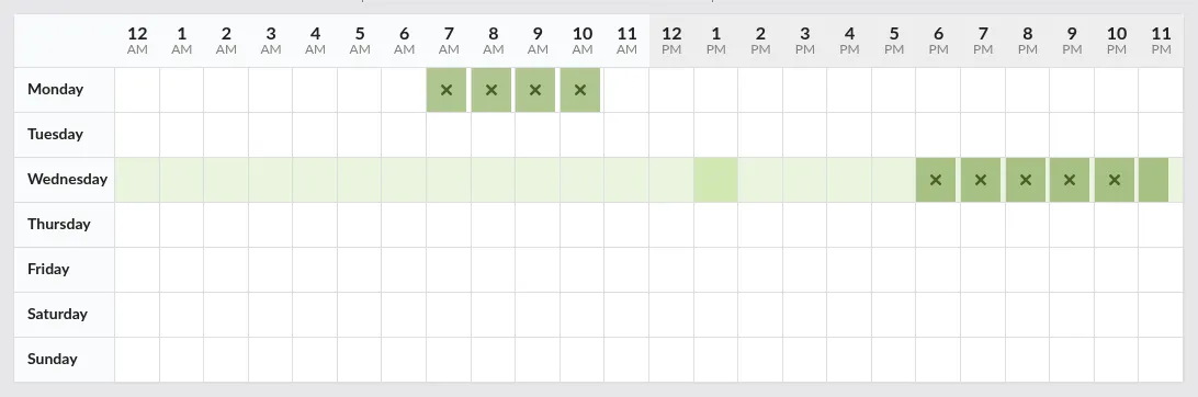 Screenshot: Calendar grid with a downtime block highlighted across a multi-hour window