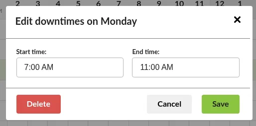 Screenshot: Editing an existing downtime block with delete and save controls