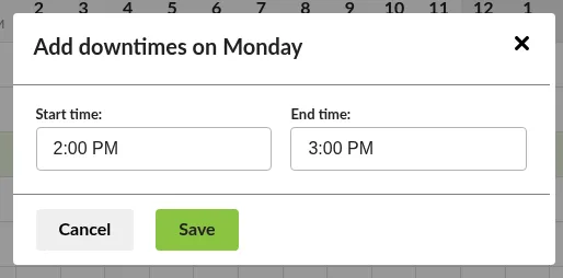 Screenshot: New downtime dialog with day, start time, and end time fields