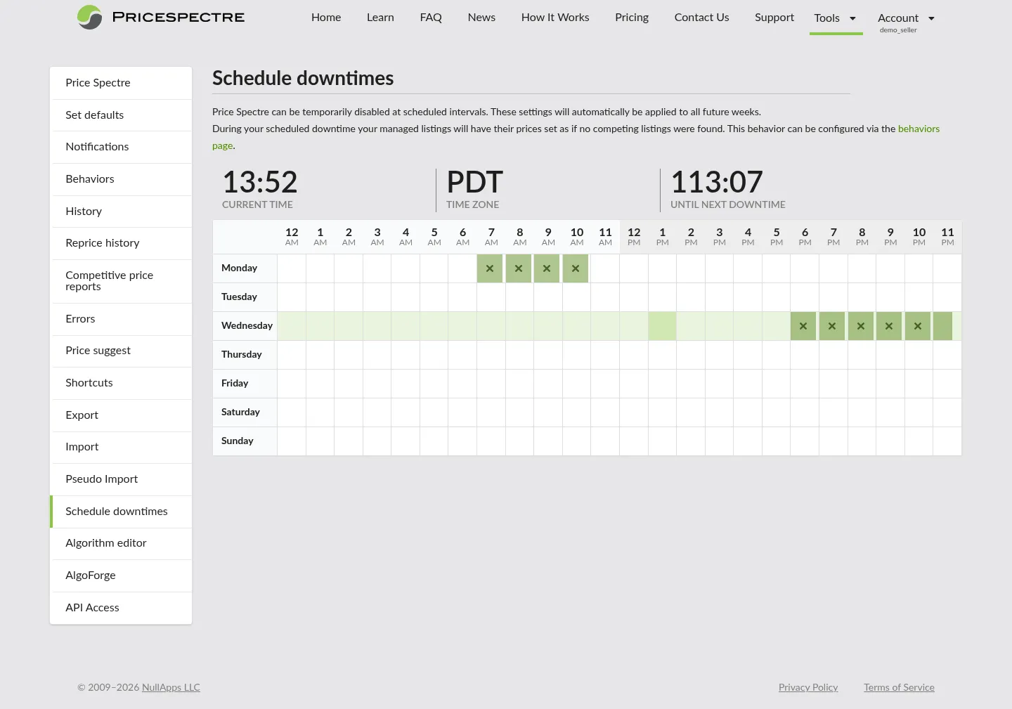 Screenshot: Schedule Downtimes tool opened with the calendar centered on the upcoming week