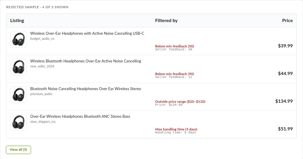 Screenshot: Rejected table with per-row filtering rule callouts