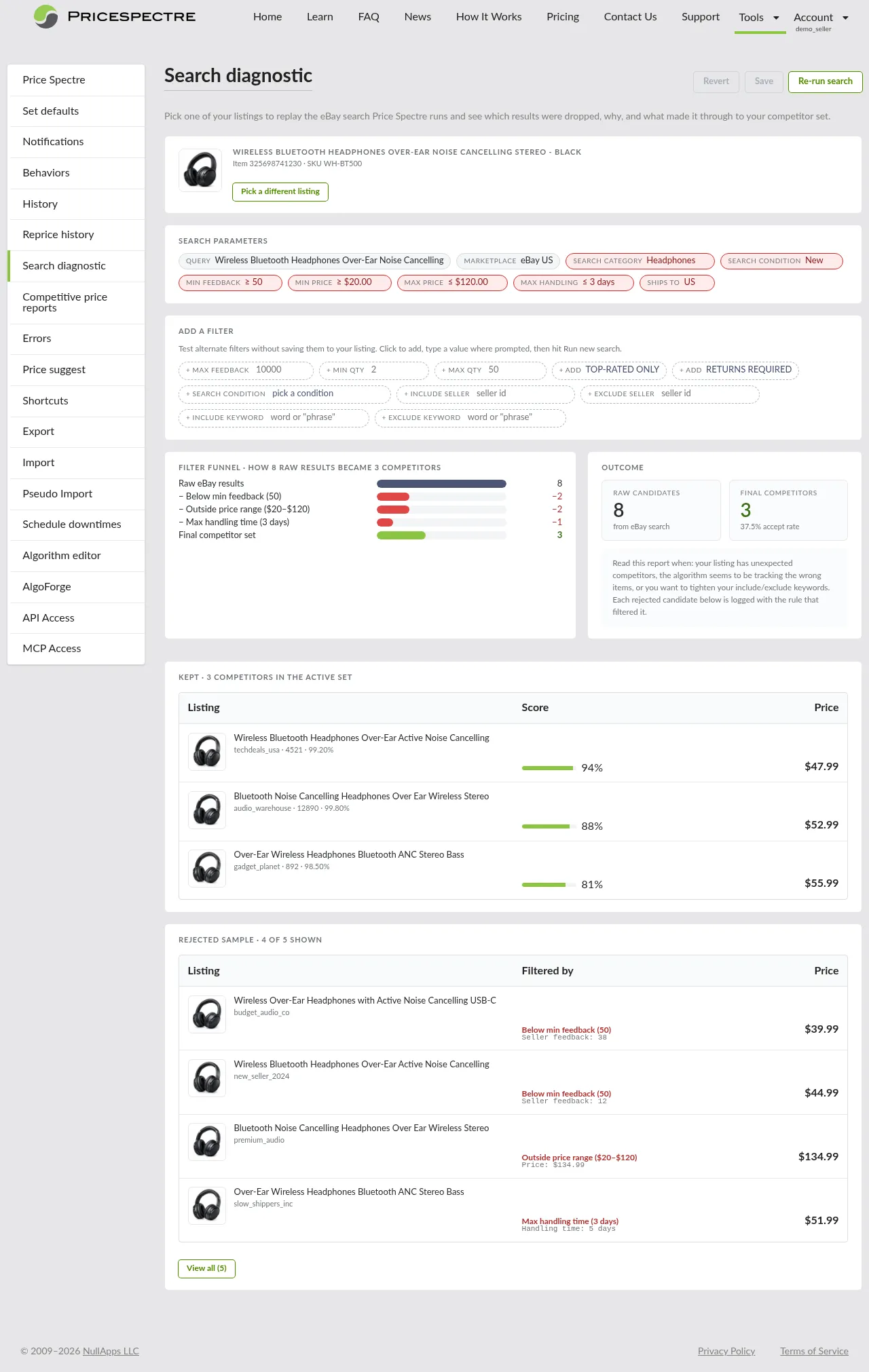 Screenshot: Search Diagnostic overview showing the listing header, search parameters, filter funnel, and kept/rejected tables