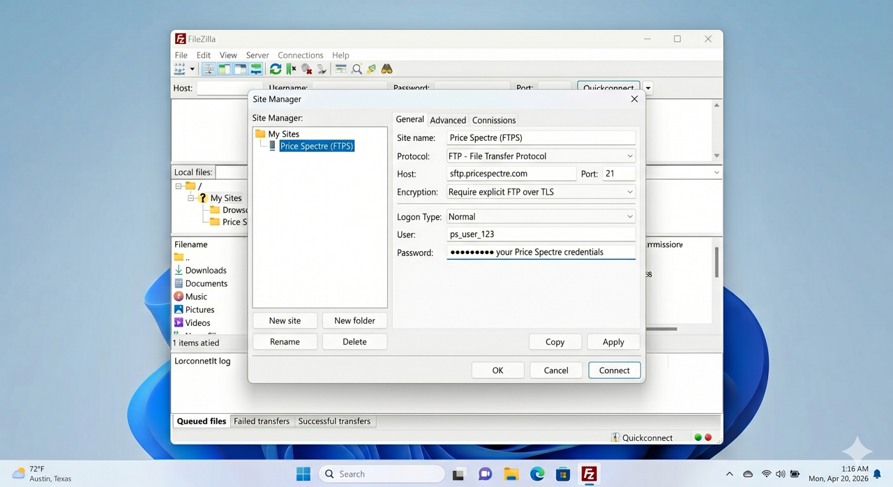 Screenshot: FileZilla Site Manager configured for explicit FTPS