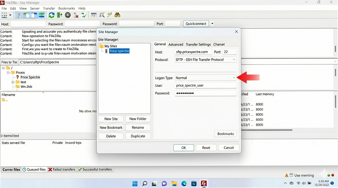 Screenshot: FileZilla Site Manager showing "Normal" logon type with username and password