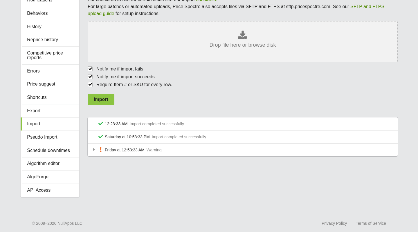 Screenshot: Import history on the Import page showing a file delivered via SFTP