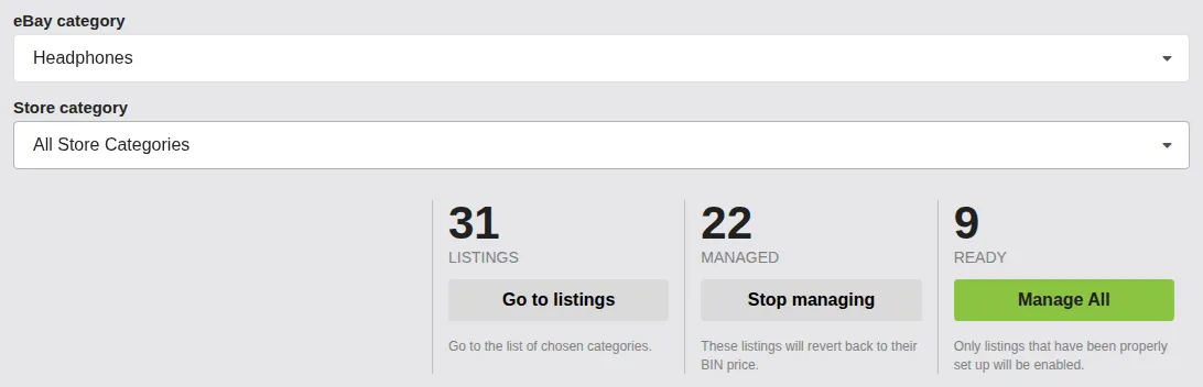Screenshot: Category dropdowns selected, with the listings count refreshed to show the narrowed scope