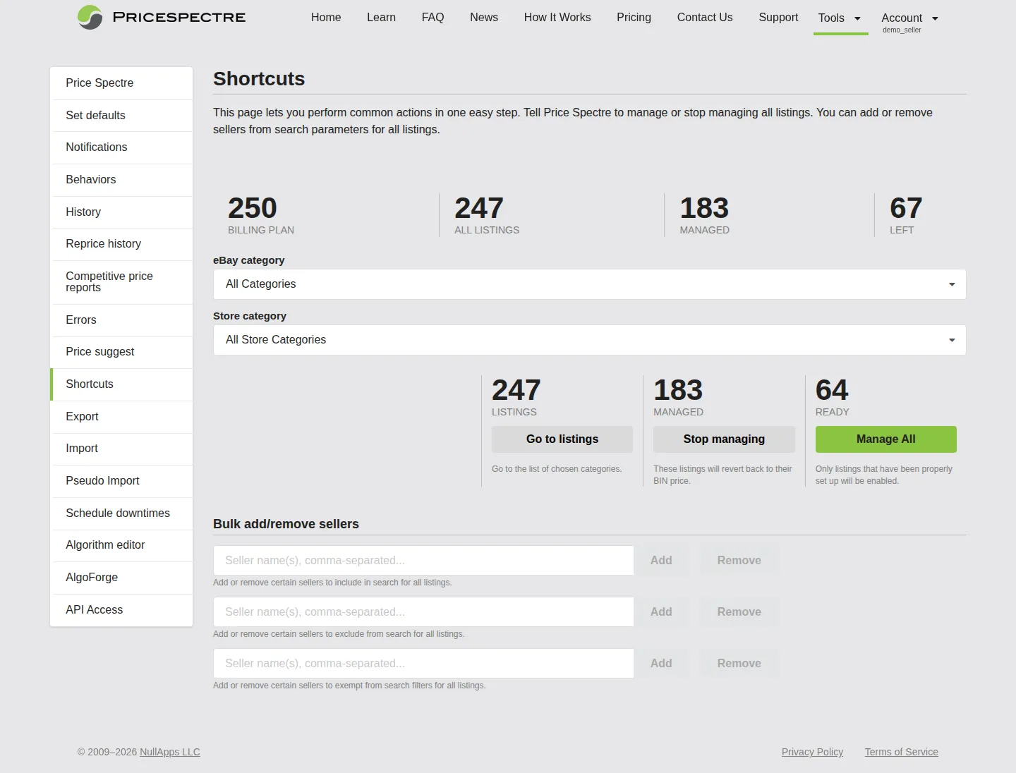 Screenshot: Shortcuts page overview with the stats strip, category filters, bulk-manage row, and seller-list section visible