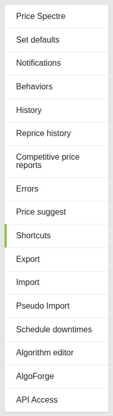 Screenshot: Tools side menu with the Shortcuts entry highlighted