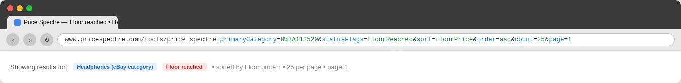 Screenshot: The browser address bar showing a Price Spectre URL with several filter parameters appended after the path