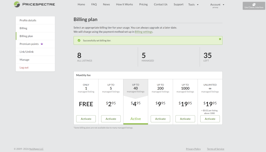 Screenshot: Billing plan comparison page