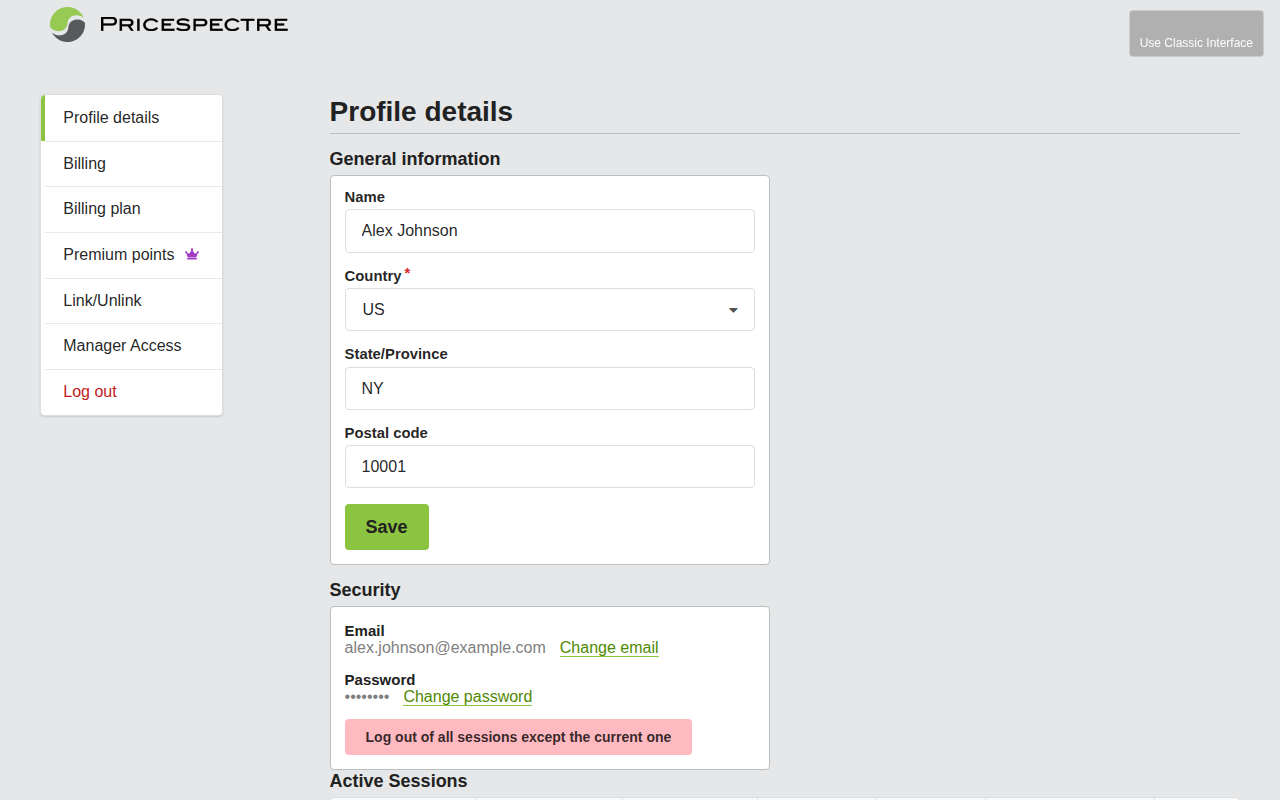Screenshot: Profile details and active sessions