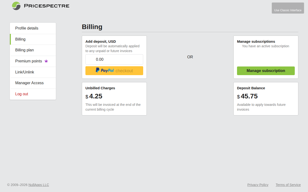 Screenshot: Billing page overview