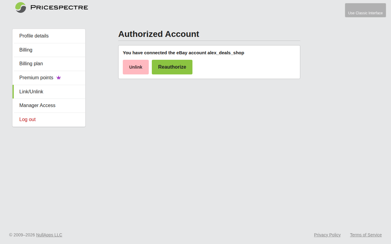 Screenshot: Link/Unlink eBay accounts page