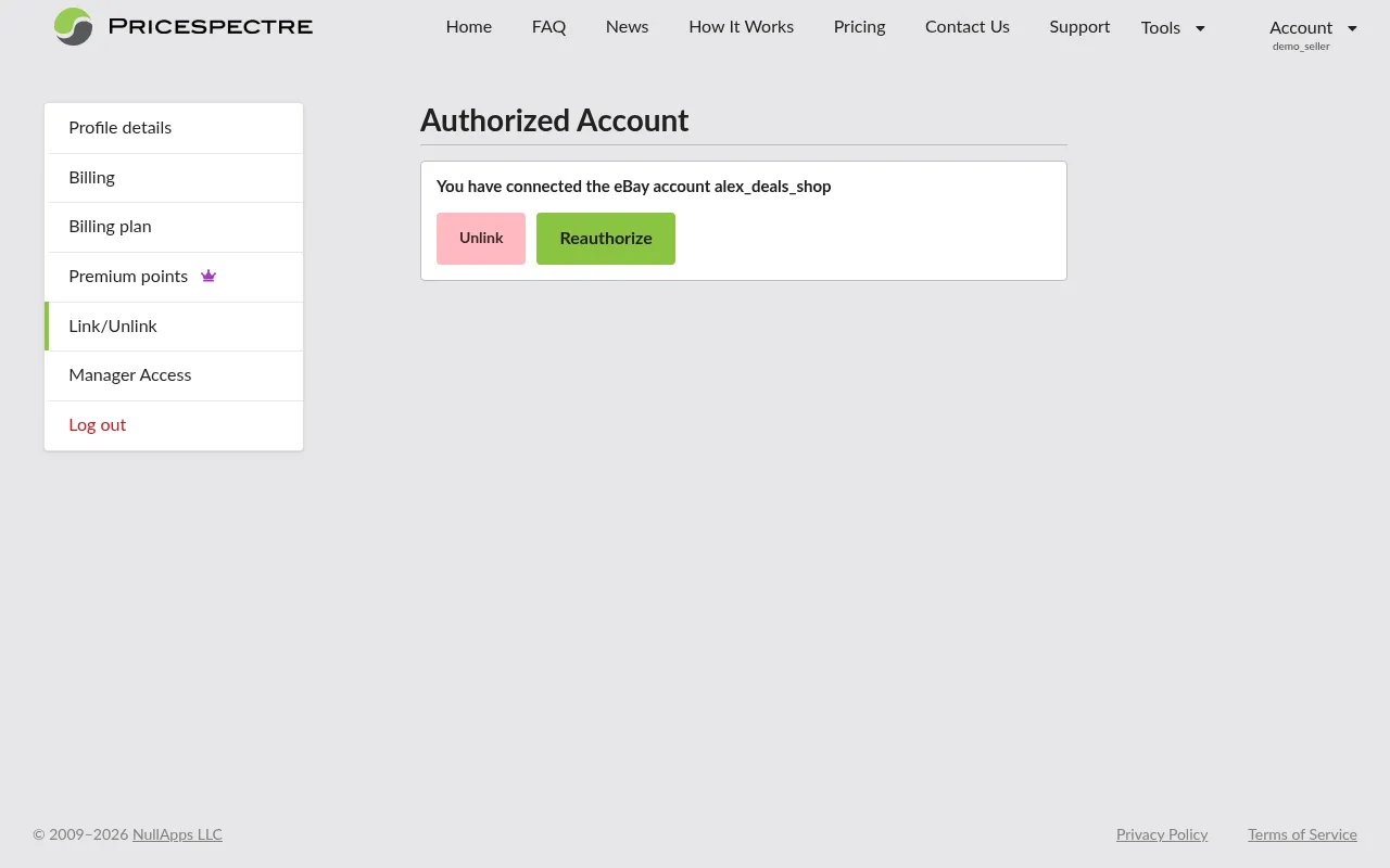 Screenshot: Link/Unlink eBay accounts page
