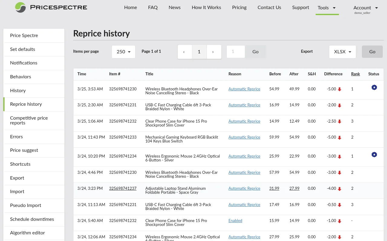 Screenshot: Reprice History showing recent actions